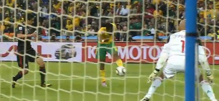 Siphiwe Tshabalala hammers in the first goal of the World Cup